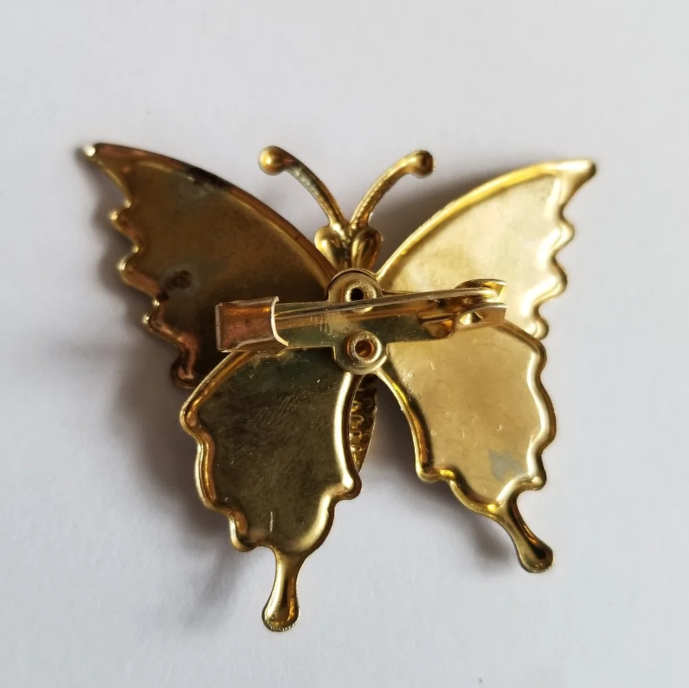 Vintage butterfly brooch glitter enamel pink purple gold tone pin moth
